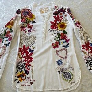 DESIGUAL New White Colorful Floral Top, Size S